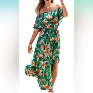 CUPSHE Women’s Ruffle Off Shoulder Maxi Tropical/Hawaiin Dress